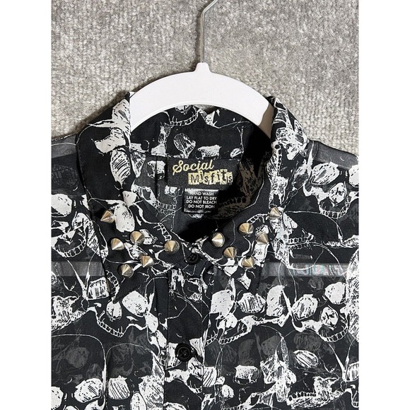 Social Misfits Sheer Skulls Studded Collar Button Up Top Womens Size Small Goth - Picture 7 of 11